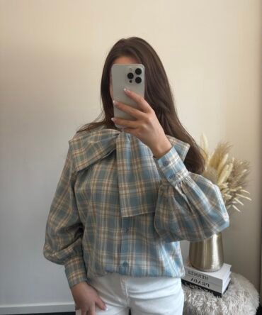 Light Blue Checked Bow Blouse