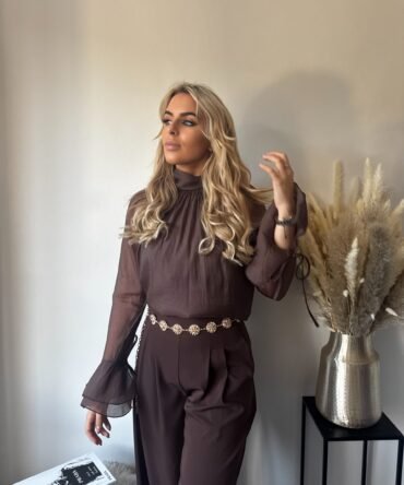 Chocolate Brown Wide Leg Trousers with Gold Statement Belt