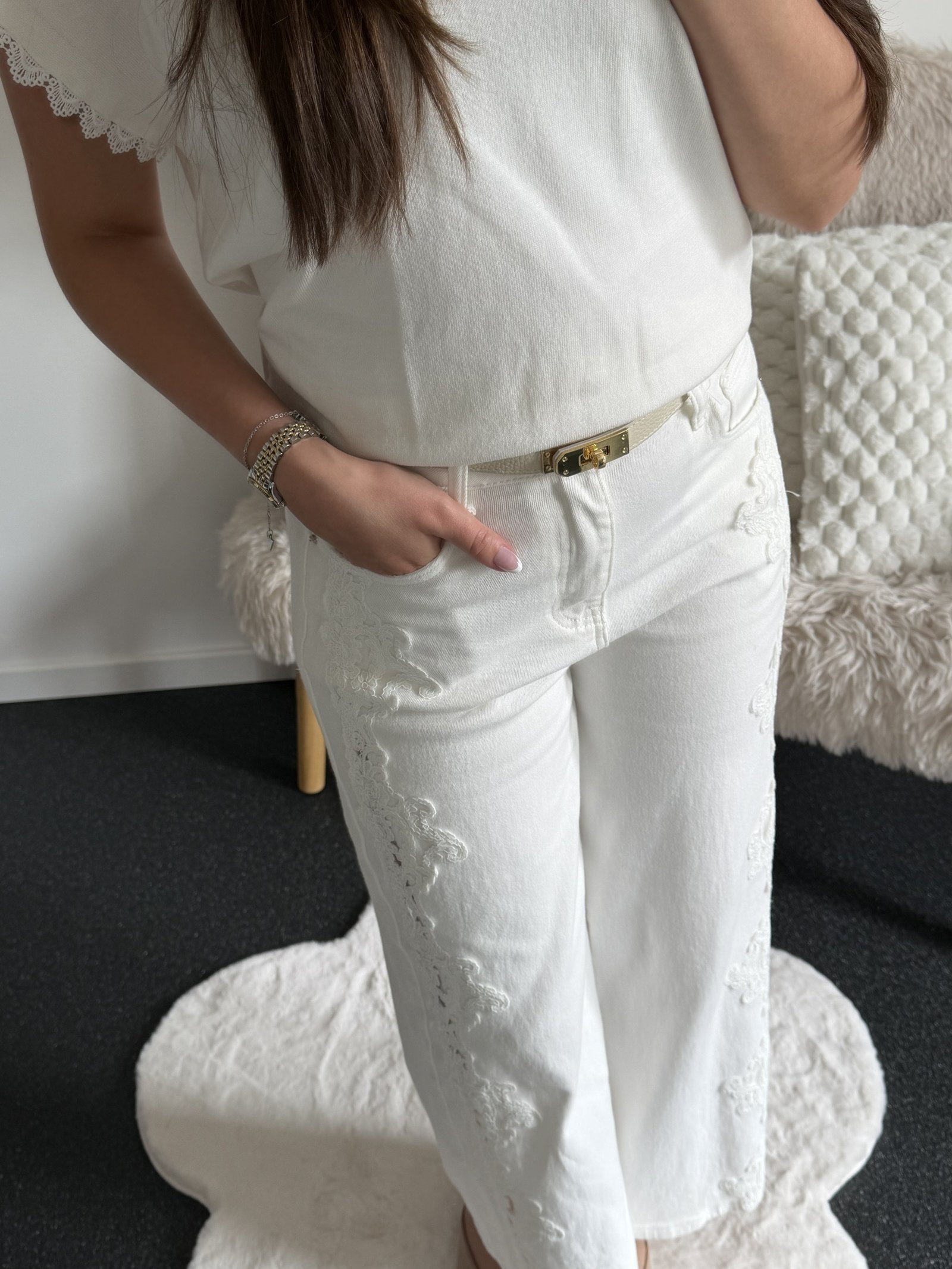 White Side Lace Detail Jeans - Afbeelding 3