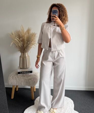 Pinstripe Wide Leg Trousers - Light Grey