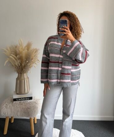 Striped Soft Scarf Cardigan - Grey/Pink