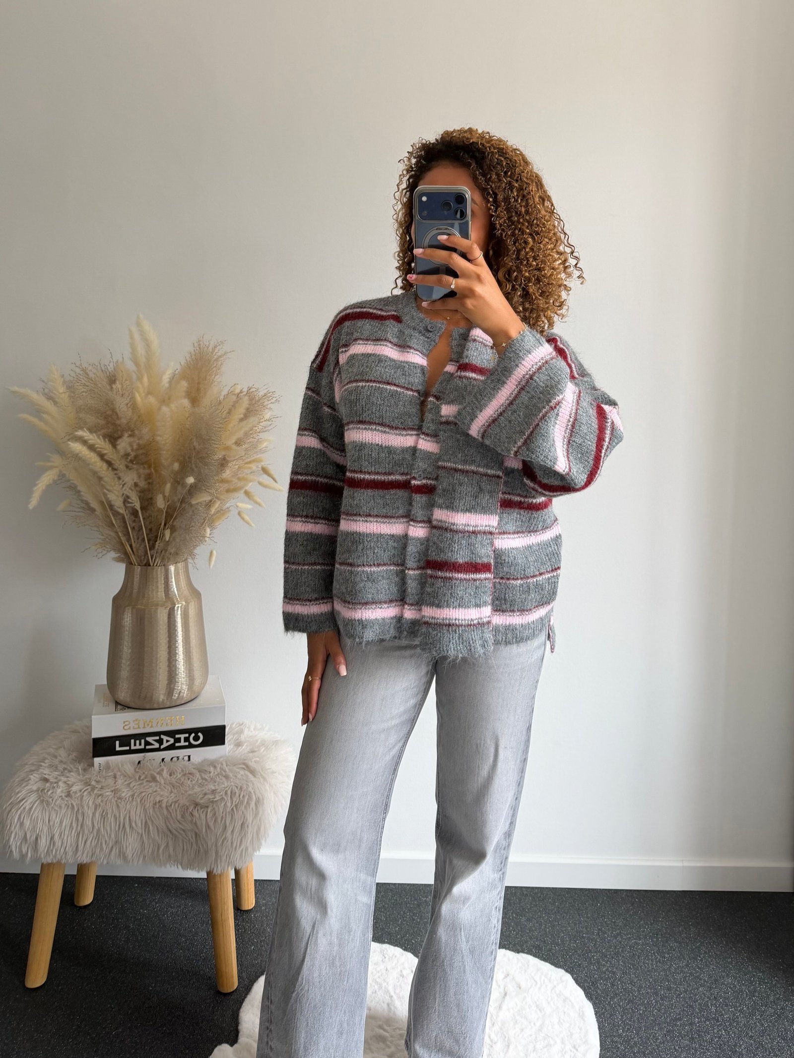 Striped Soft Scarf Cardigan - Grey/Pink