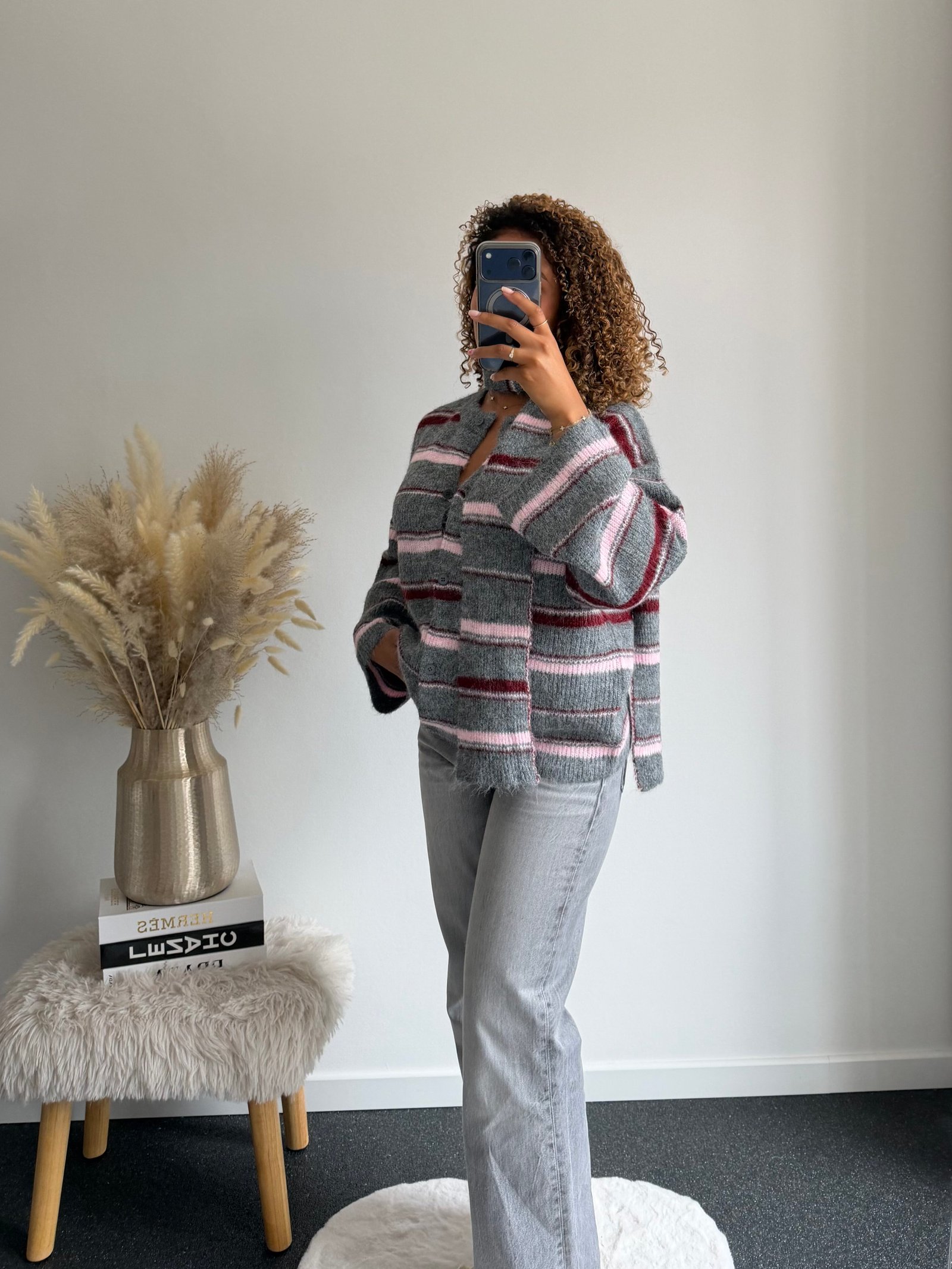 Striped Soft Scarf Cardigan - Grey/Pink - Afbeelding 4