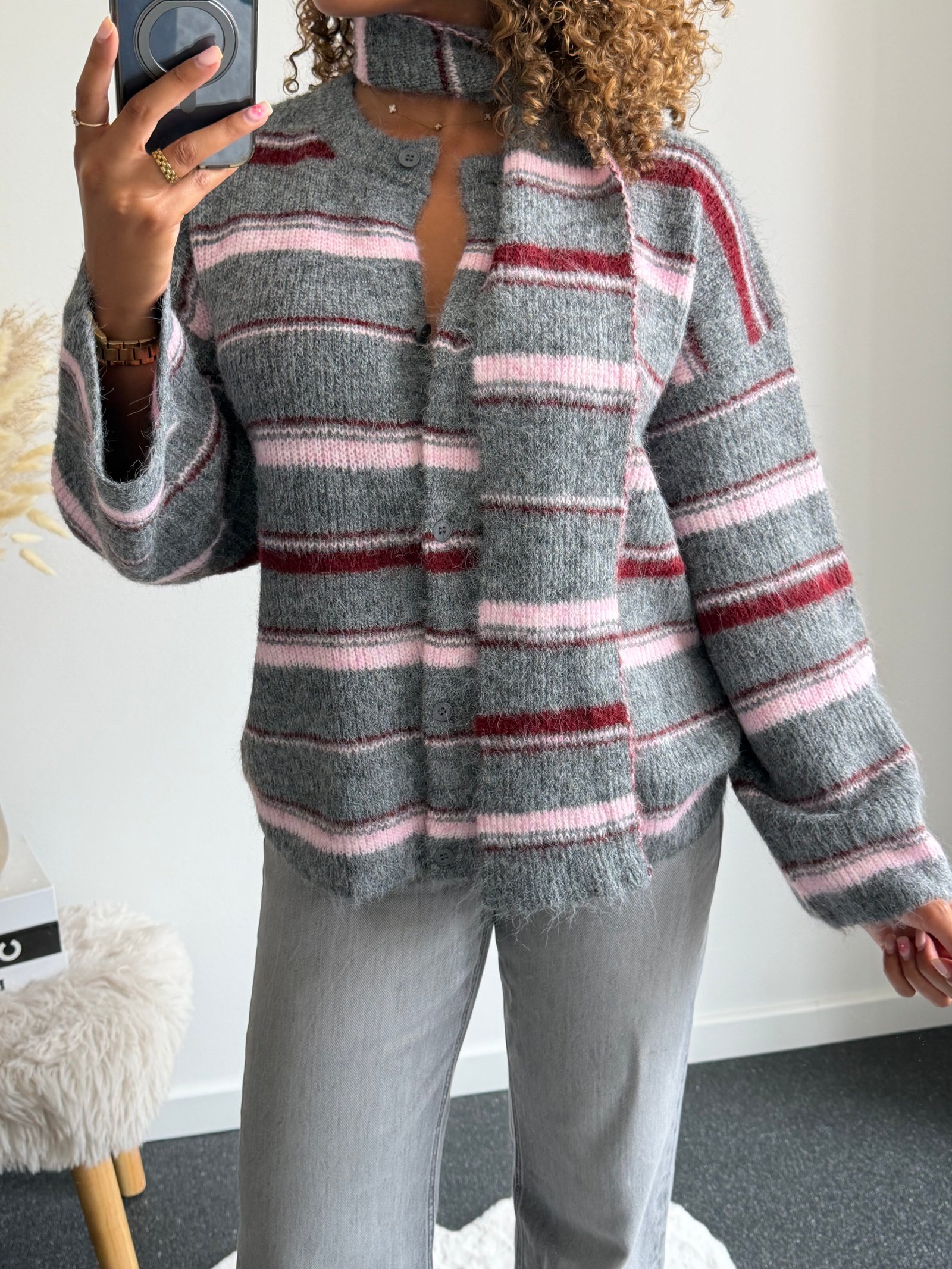 Striped Soft Scarf Cardigan - Grey/Pink - Afbeelding 2
