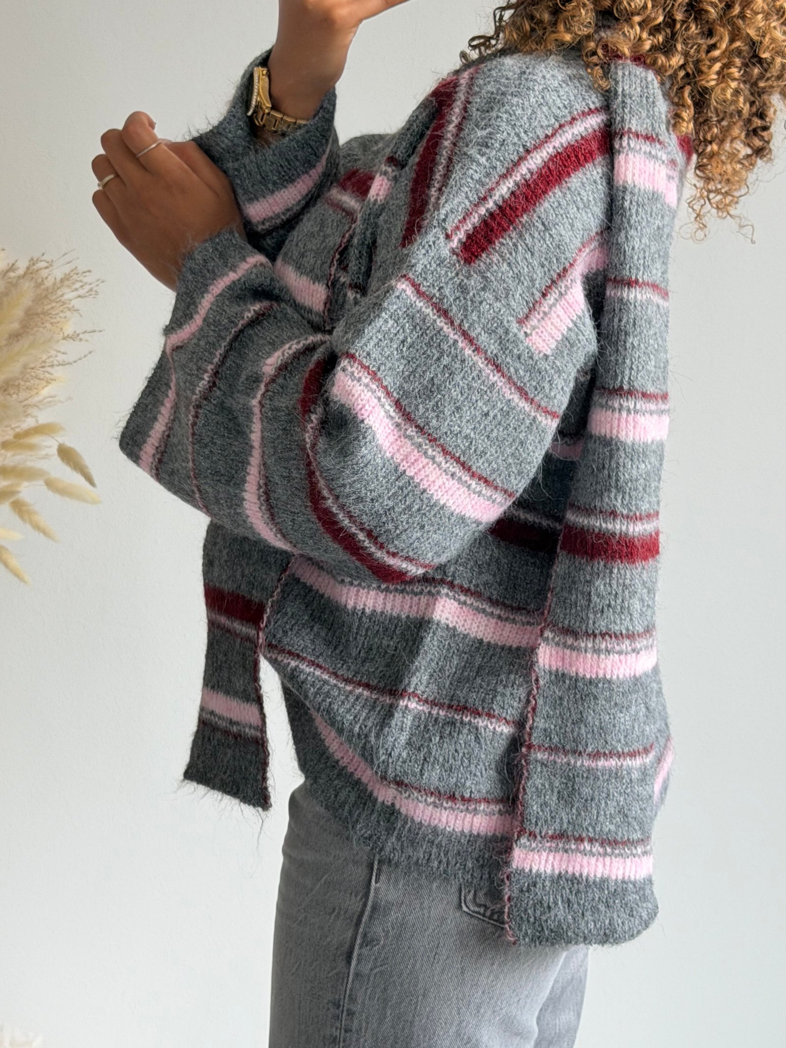 Striped Soft Scarf Cardigan - Grey/Pink - Afbeelding 3