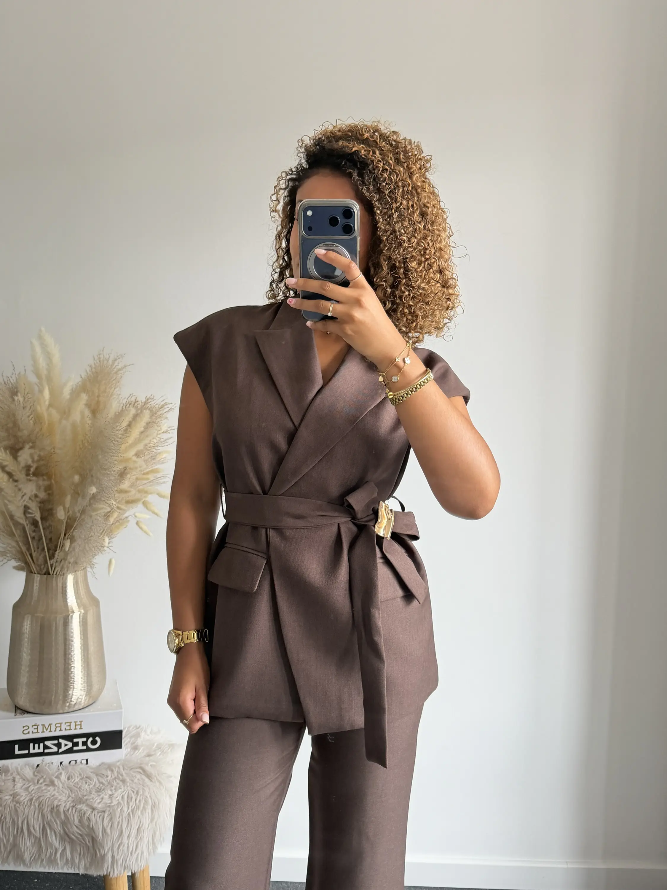 Brown Belted Sleeveless Blazer - Afbeelding 2
