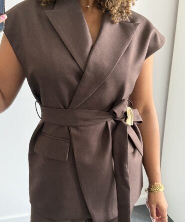 Brown Belted Sleeveless Blazer