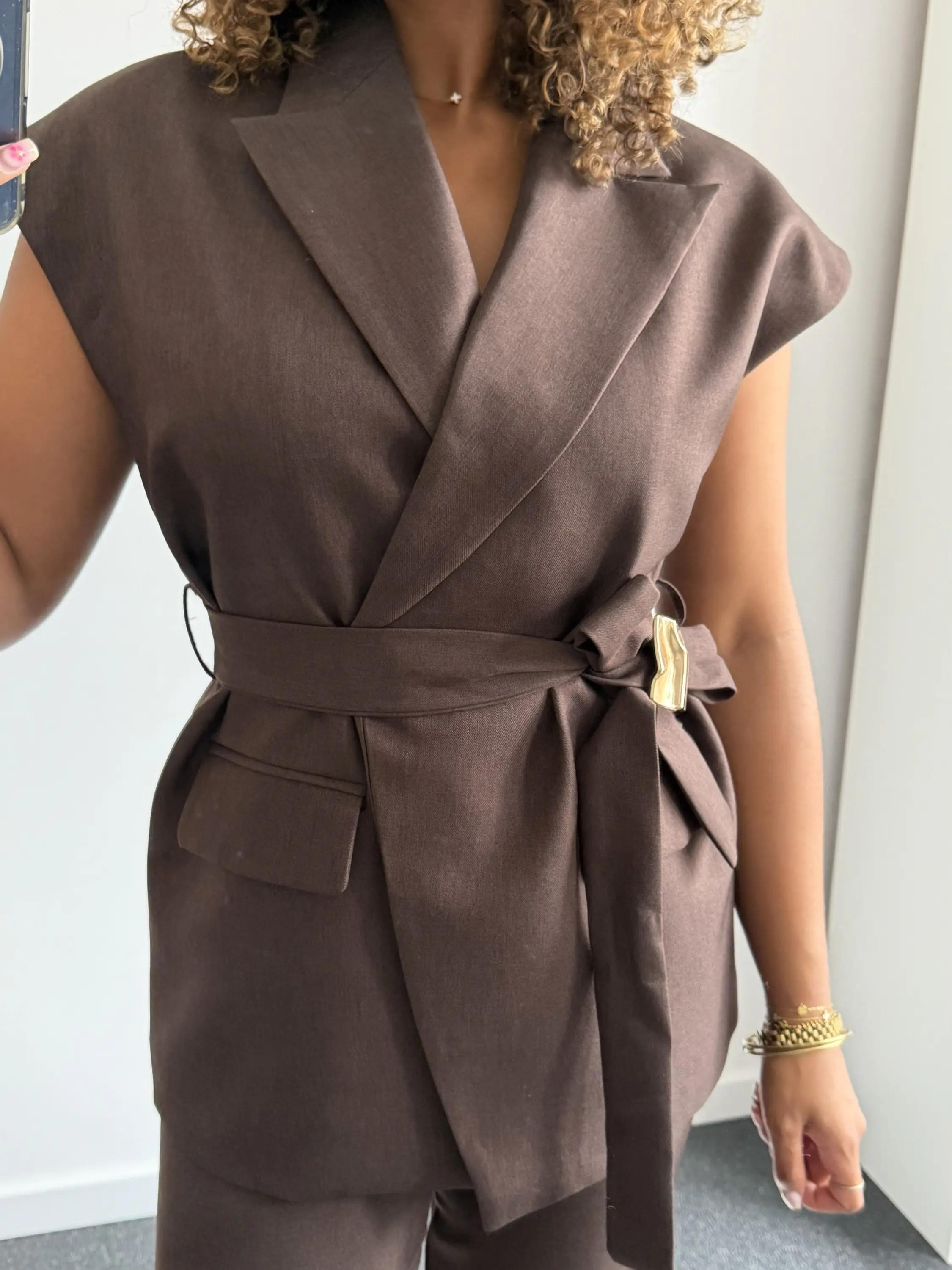 Brown Belted Sleeveless Blazer