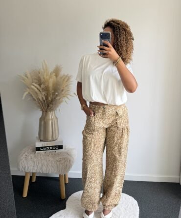 Beige Bambi Print Cargo Jeans