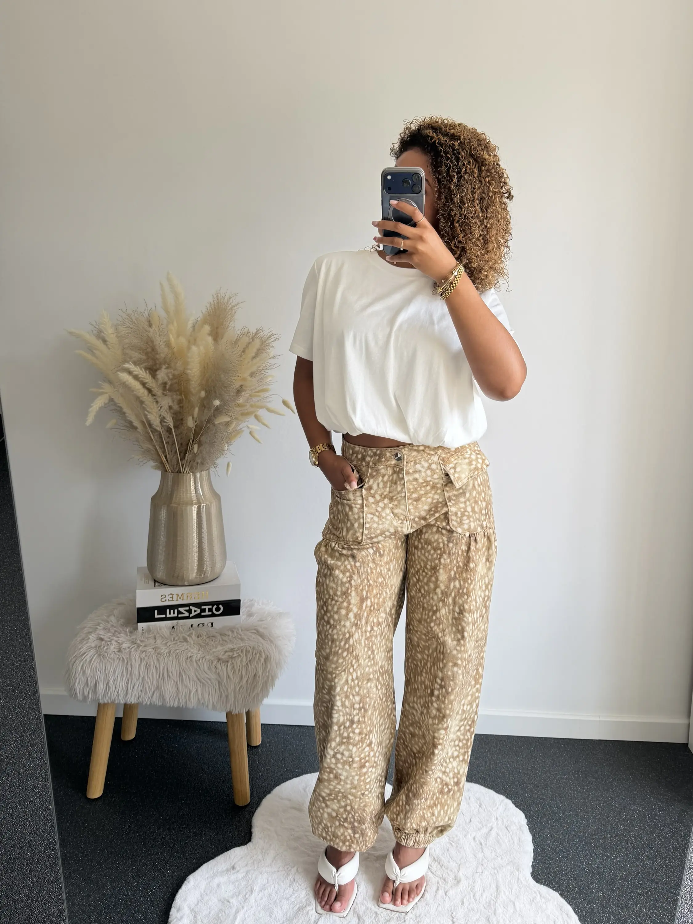 Beige Bambi Print Cargo Jeans