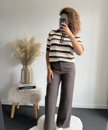 Cream & Brown Striped Button Knit