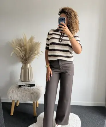 Cream & Brown Striped Button Knit