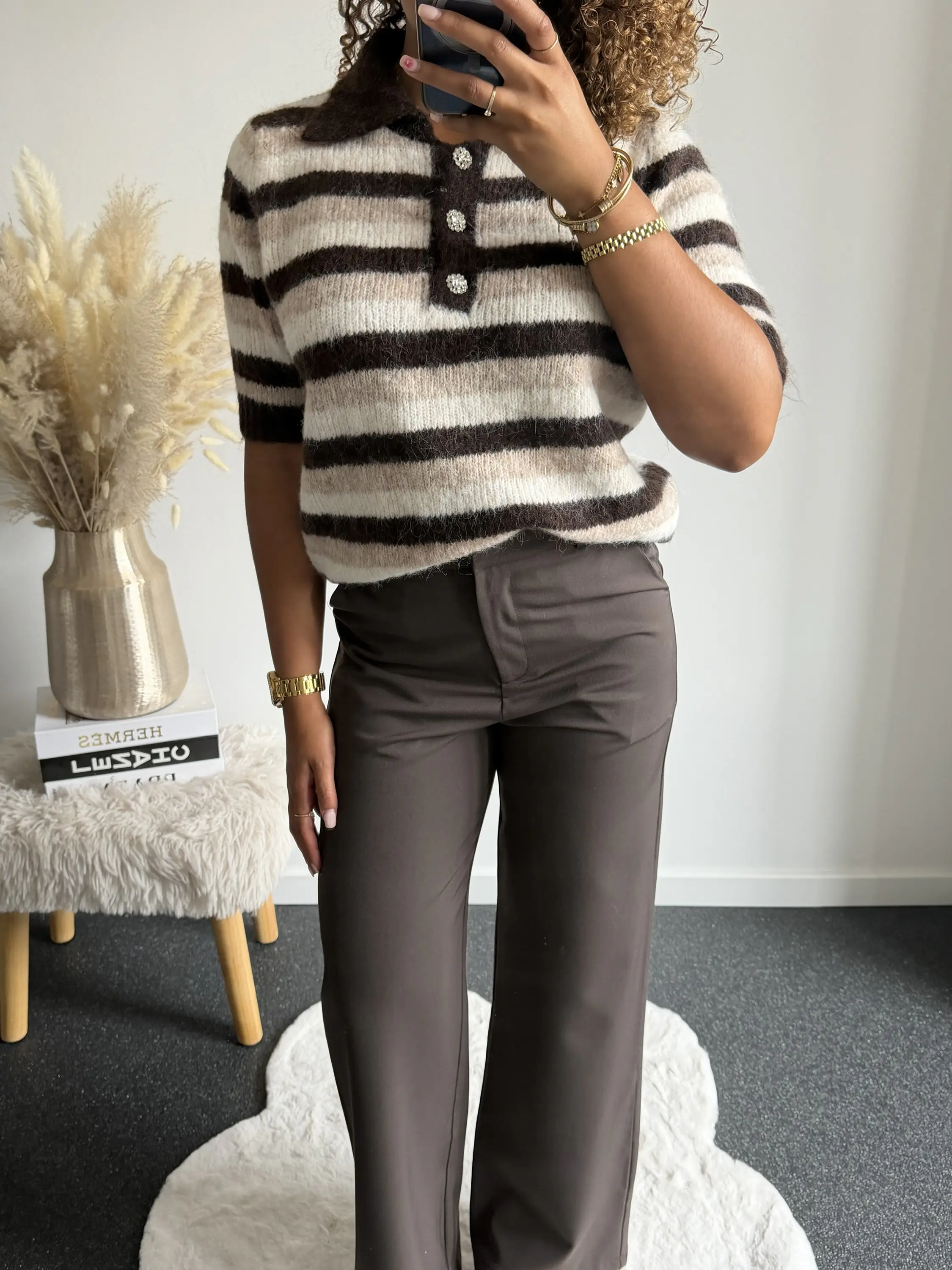 Cream & Brown Striped Button Knit - Afbeelding 2