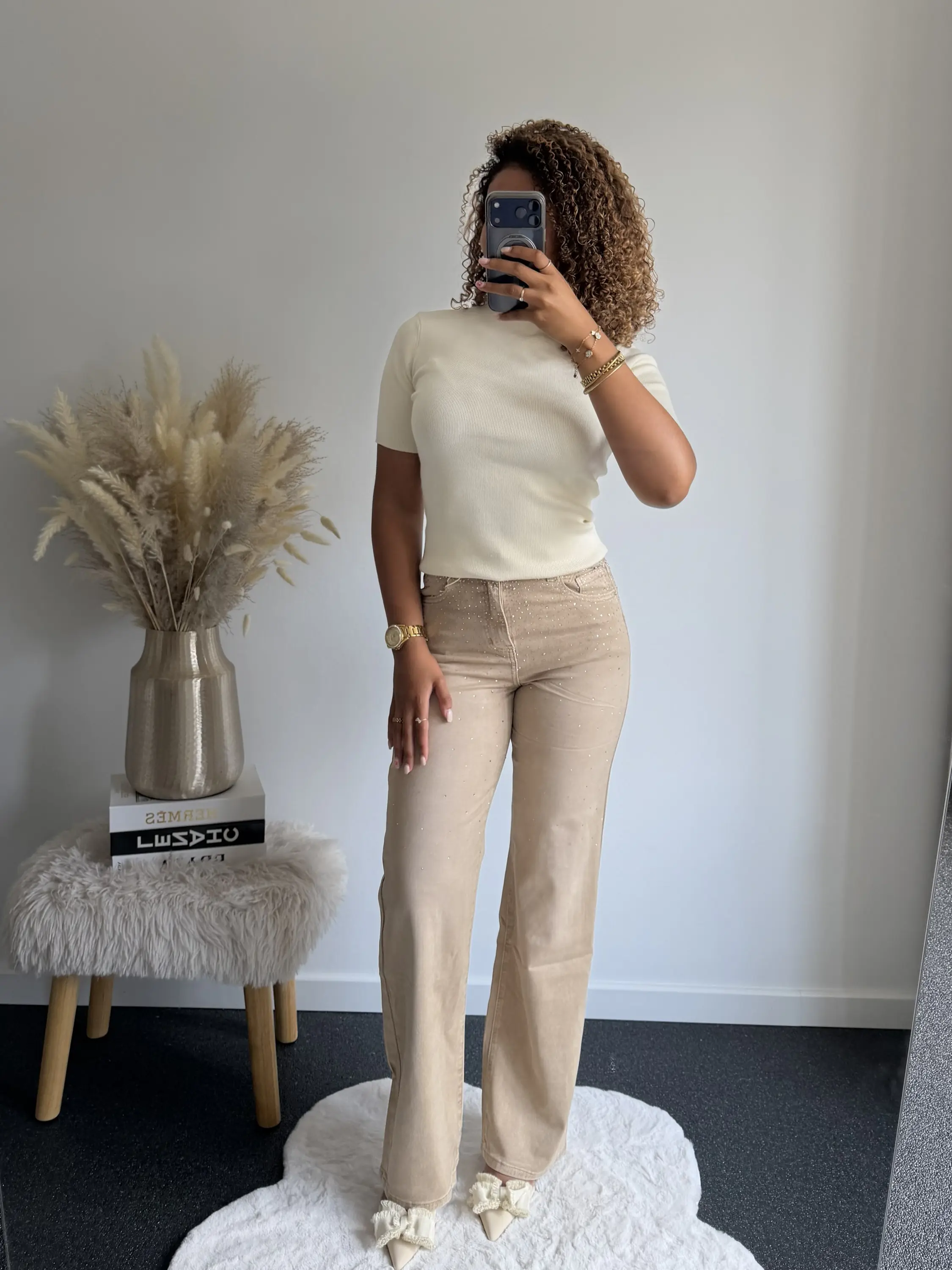 Beige Diamond Straight Leg Jeans - Afbeelding 2