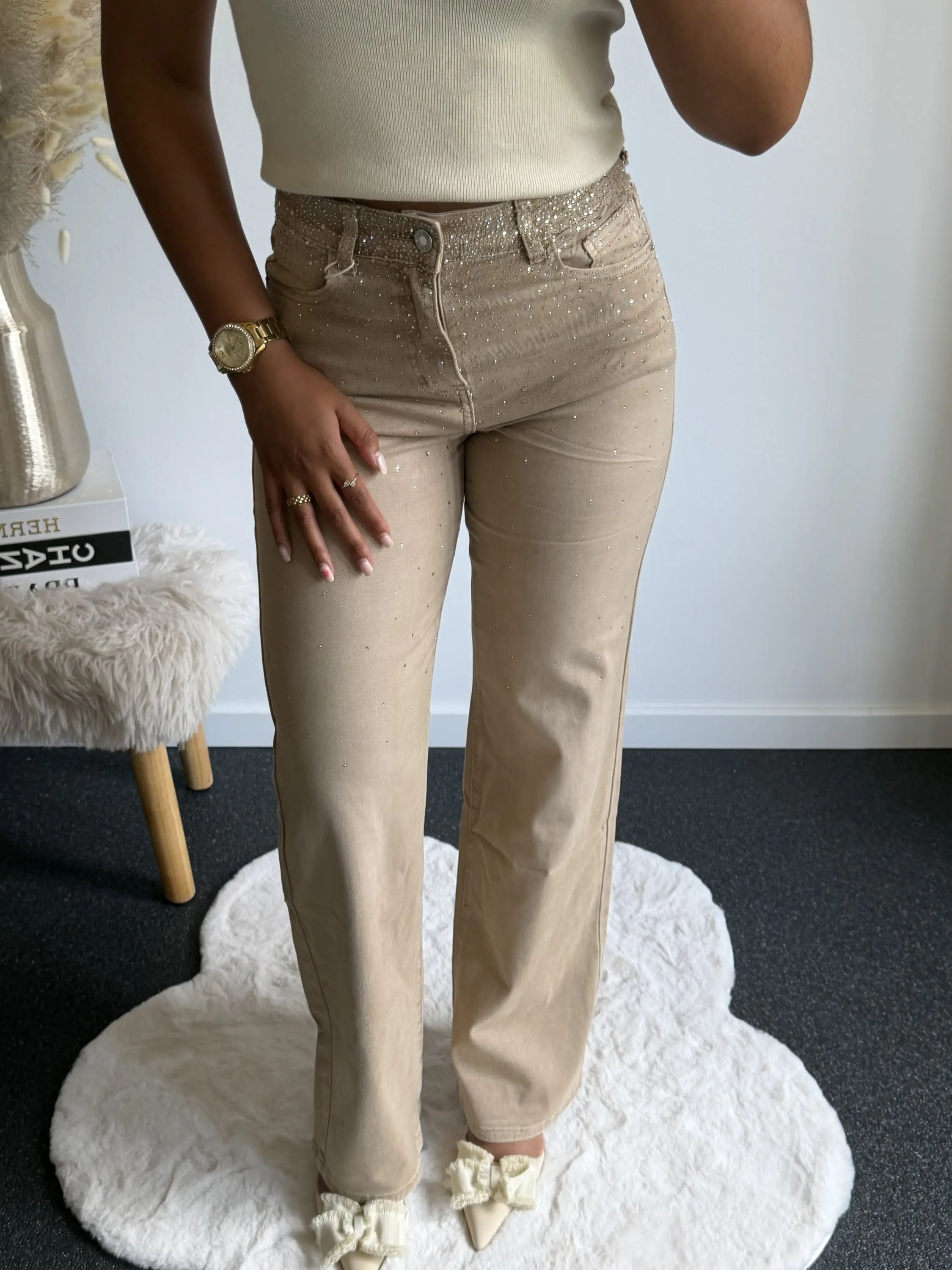 Beige Diamond Straight Leg Jeans