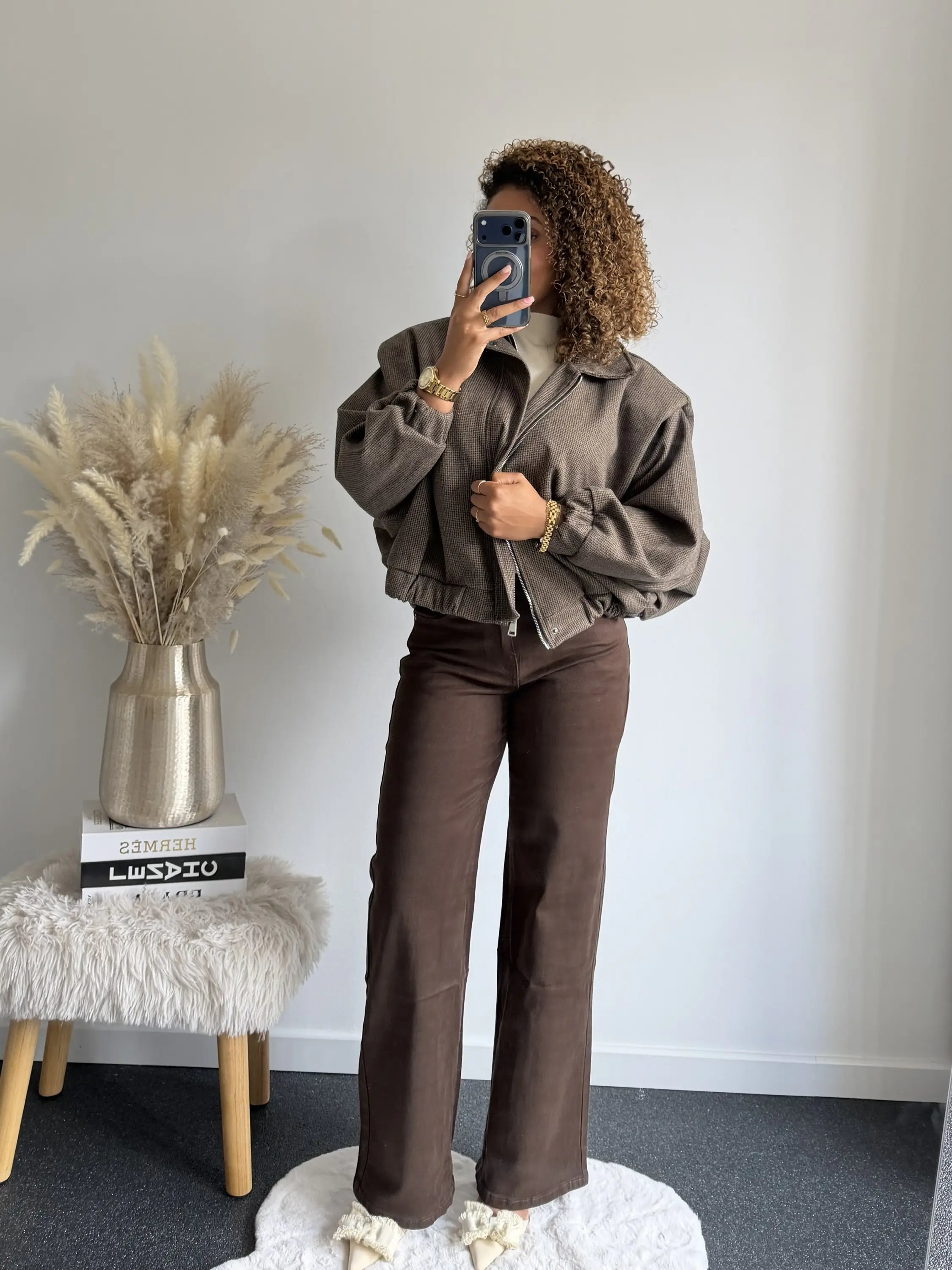 Brown Checked Bomber Jacket