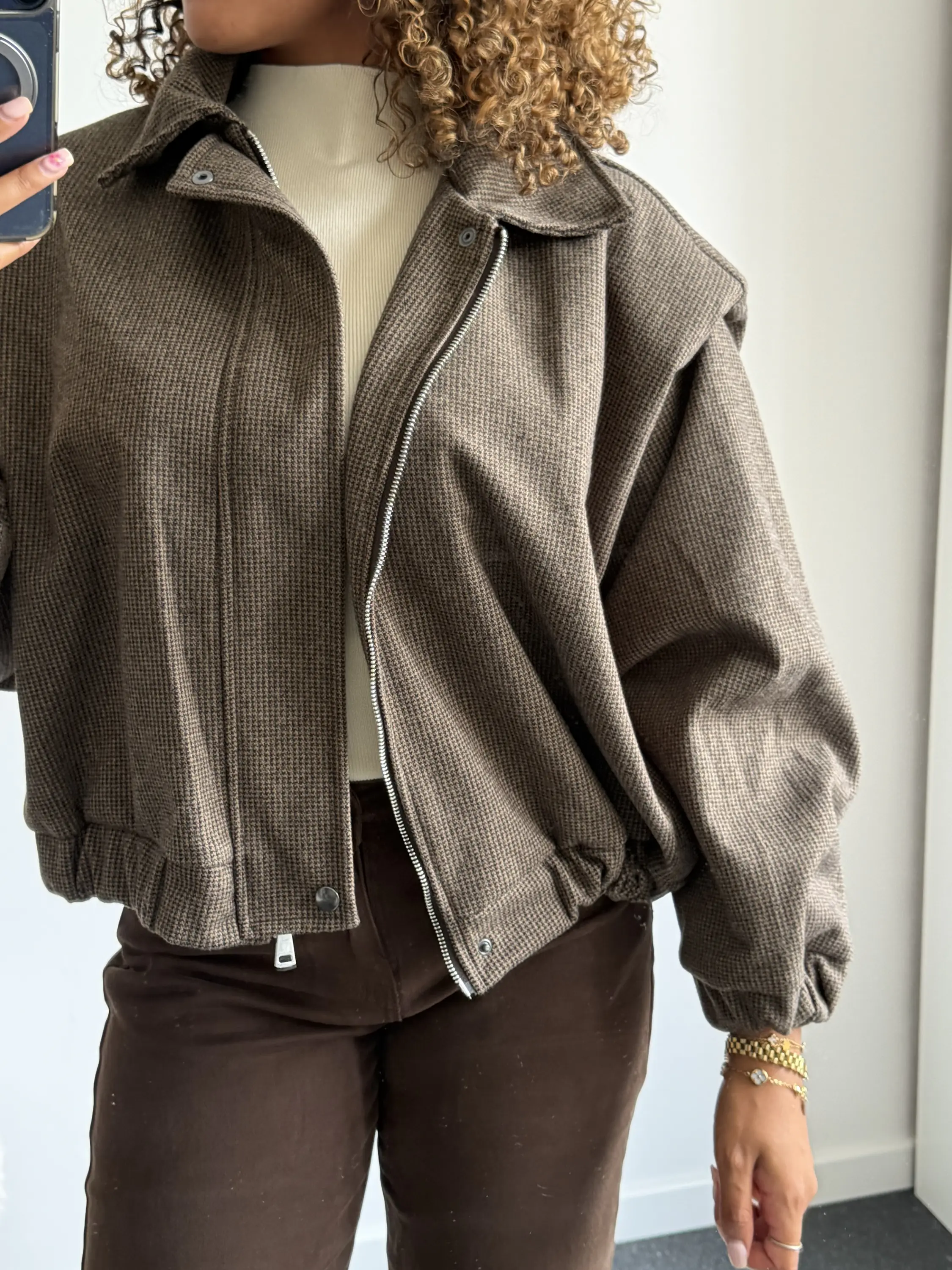 Brown Checked Bomber Jacket - Afbeelding 2
