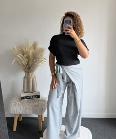 Tie Waist Wide Leg Trousers – Light Grey