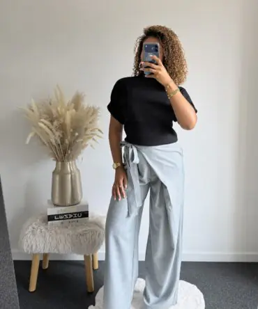 Tie Waist Wide Leg Trousers – Light Grey
