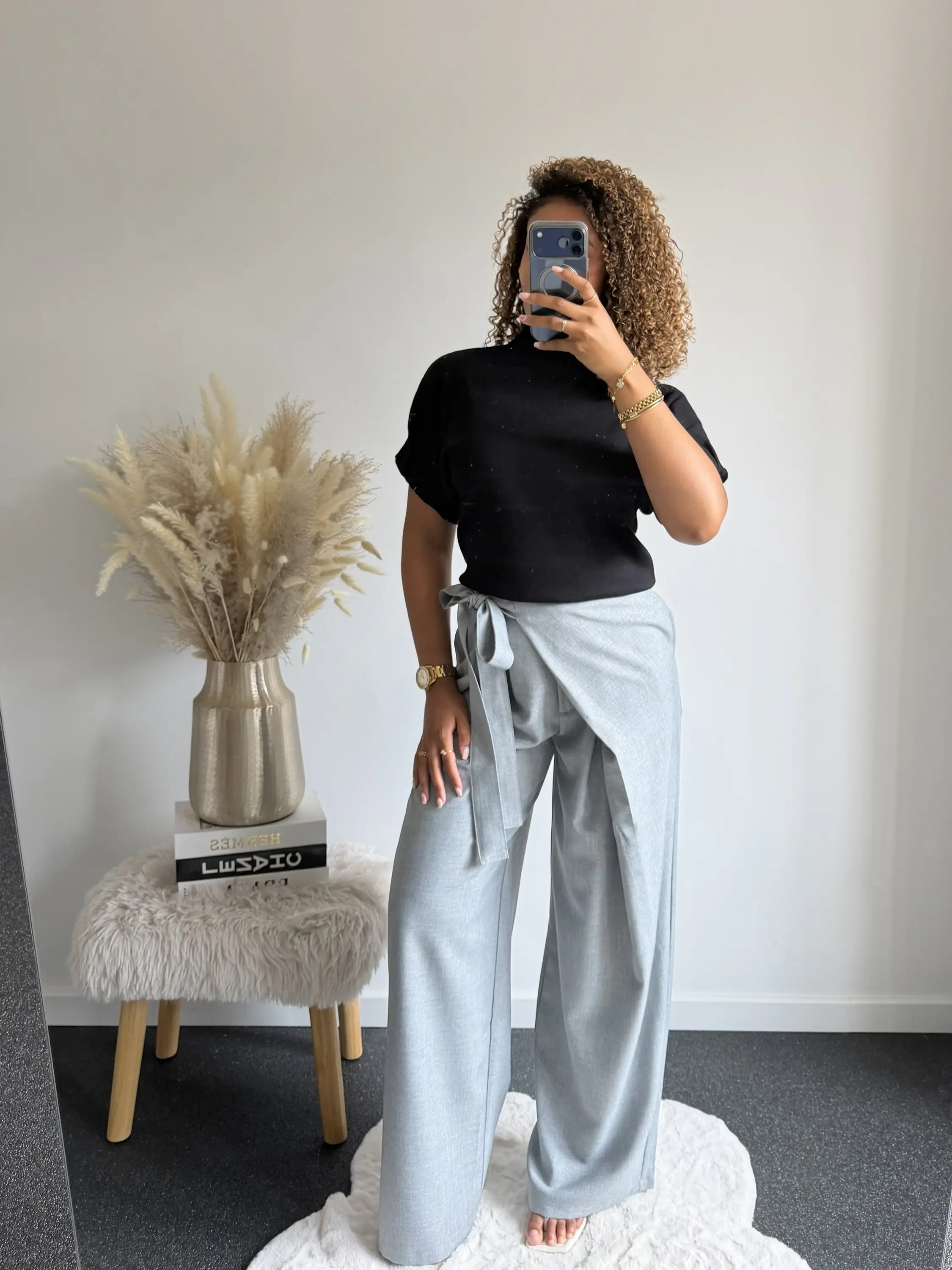 Tie Waist Wide Leg Trousers – Light Grey