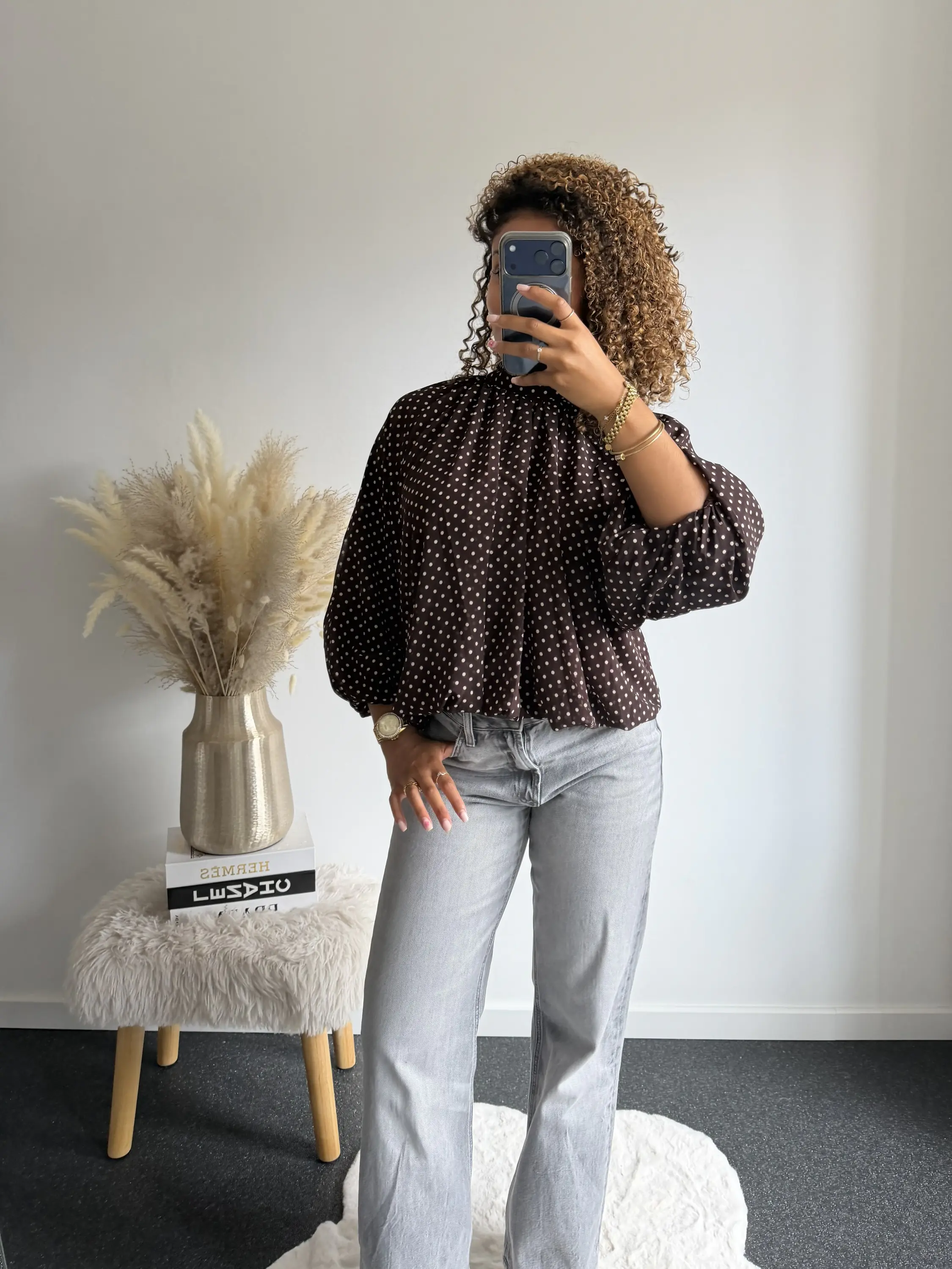 Polka Dot Balloon Sleeve Blouse